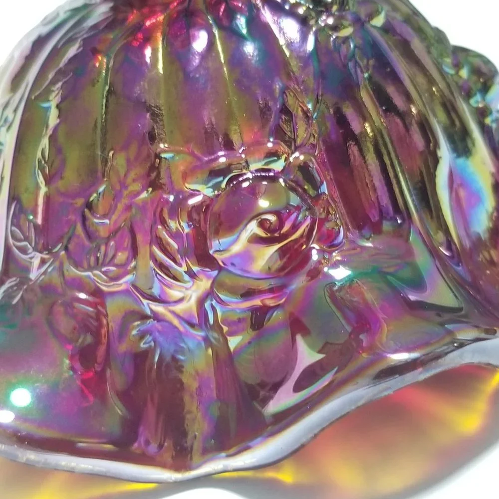 Ruby Red Open-Heart Bowl Rare Fenton's Iridescent Cabbage Rose Art Glass - Picture 5 of 6